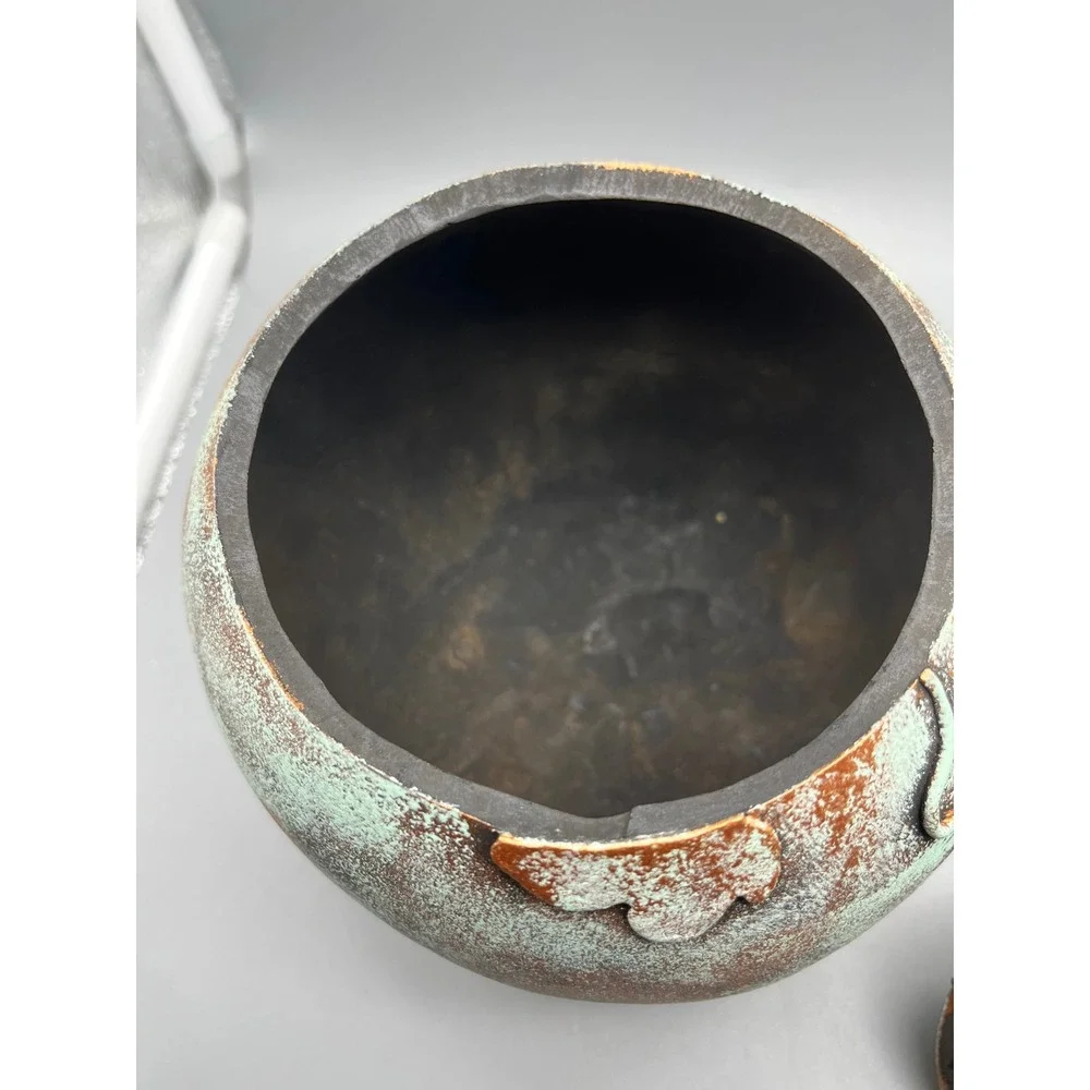 Folk‎ Art Lidded Gourd Vessel verdigris-like painted finish leaf embellishments